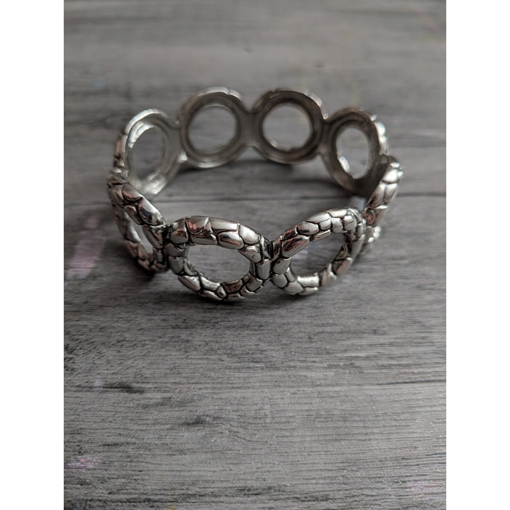 Silver Tone Textured Open Circle Hinged Cuff Statement Bracelet